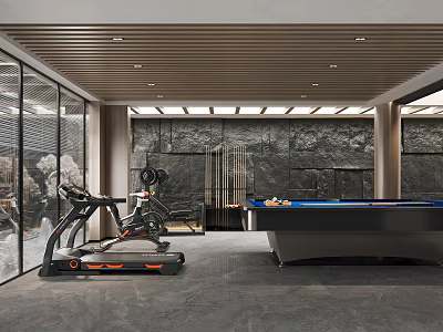 Modern Basement Interior Design With Stone Wall Wooden Ceiling Fitness Equipment And Pool Table 3d model