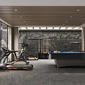 Modern Basement Interior Design With Stone Wall Wooden Ceiling Fitness Equipment And Pool Table 3d model