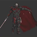 Game Movie Character in Armored Suit With Red Cape and Red Lightsaber Standing Pose