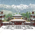 Scenic View of Traditional Ancient Chinese Architecture with Snow Capped Mountains Red Bridge and Stream