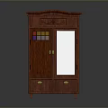 Classic Mahogany Wooden Cabinet Featuring Stained Glass Window And Glass Door Drawers