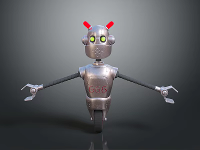 Robot Character With Silver Metallic Body Red Antennae Green Eyes Mechanical Arms And Wheels 3d model