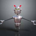 Robot Character With Silver Metallic Body Red Antennae Green Eyes Mechanical Arms And Wheels