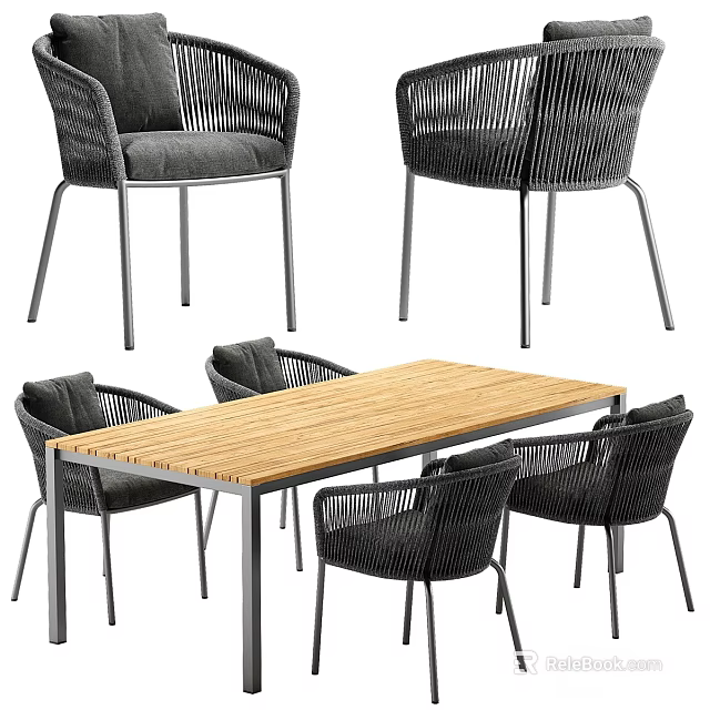 Outdoor Dining Table and Chairs Set With Wooden Tabletop Woven Rattan Chairs and Metal Frame 3d model 