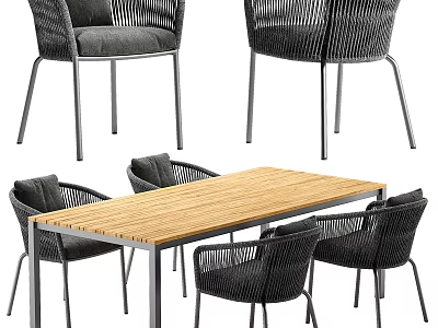 Outdoor Dining Table and Chairs Set With Wooden Tabletop Woven Rattan Chairs and Metal Frame 3d model