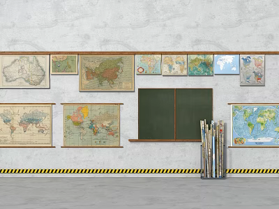 Various Vintage World Maps and Chalkboard as Wall Decor with Stacked Books 3d model