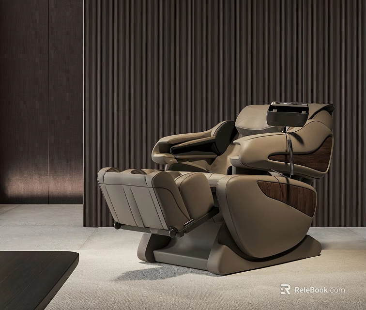 Luxury Modern Massage Chair With Control Panel And Ergonomic Design Against Dark Wooden Wall 3d model 