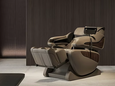 Luxury Modern Massage Chair With Control Panel And Ergonomic Design Against Dark Wooden Wall 3d model
