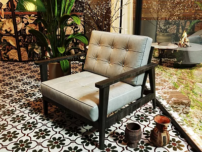 Light Gray Tufted Accent Chair With Wooden Armrests Green Plants And Patterned Floor Tiles 3d model