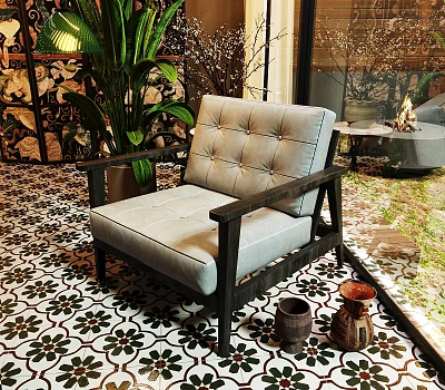 Light Gray Tufted Accent Chair With Wooden Armrests Green Plants And Patterned Floor Tiles 3d model