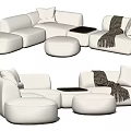 Modern White Cozy Sofa Set With Ottoman Coffee Table And Blanket Pillows 3d model