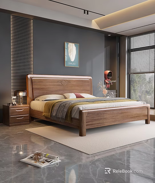 Modern Bedroom Interior With Wooden Bed Pillows Nightstand Lamp Wall Art And Greenery View 3d model 