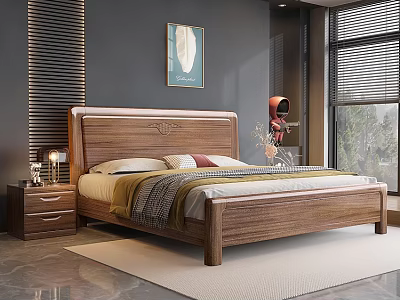 Modern Bedroom Interior With Wooden Bed Pillows Nightstand Lamp Wall Art And Greenery View 3d model