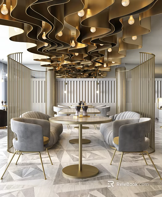 Elegant Modern Restaurant Interior With Gold Decorations Round Dining Table And Gray Sofa Chairs 3d model 