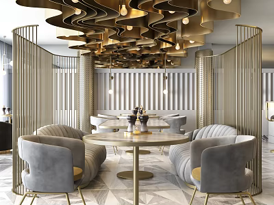 Elegant Modern Restaurant Interior With Gold Decorations Round Dining Table And Gray Sofa Chairs 3d model
