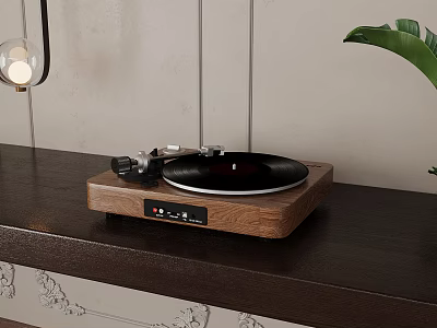 Vintage Turntable With Black Vinyl Record On Wooden Table Near Green Plant And Lamp 3d model