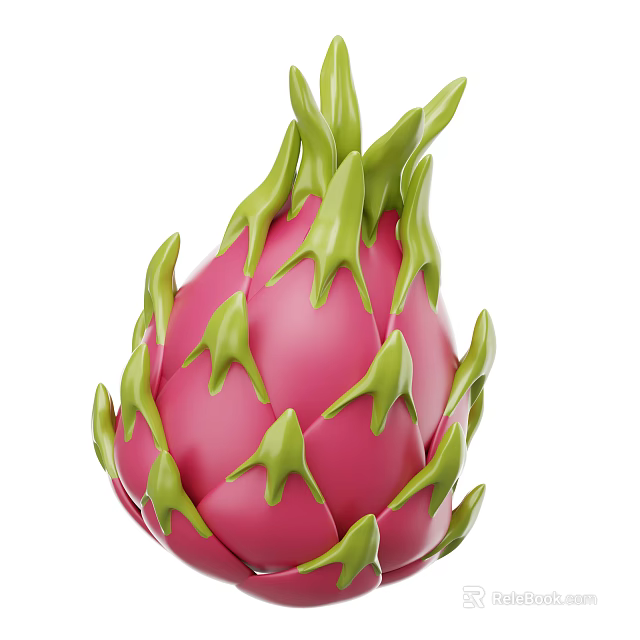 Fresh Ripe Pink Dragon Fruit With Vibrant Green Leafy Scales 3d model 
