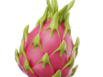 Fresh Ripe Pink Dragon Fruit With Vibrant Green Leafy Scales 3d model