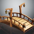 Traditional Wooden Bridge Structure With Curved Railings And Hanging Lanterns