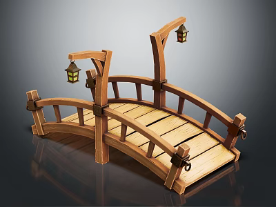 Traditional Wooden Bridge Structure With Curved Railings And Hanging Lanterns 3d model