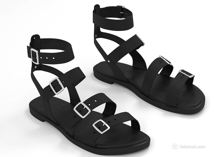 Black Open Toe Sandals Featuring Multiple Adjustable Straps and Metal Buckles Design 3d model