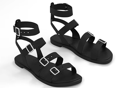 Black Open Toe Sandals Featuring Multiple Adjustable Straps and Metal Buckles Design 3d model