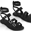Black Open Toe Sandals Featuring Multiple Adjustable Straps and Metal Buckles Design 3d model