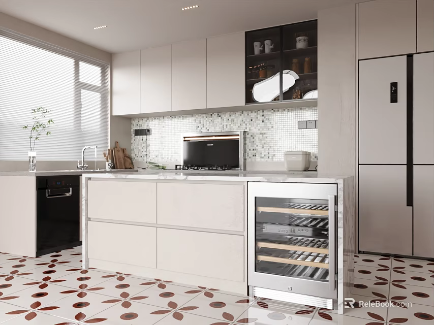 Modern Kitchen Interior Design With Light Countertop Cabinets Refrigerator Dishwasher And Brown Leaf Floor Tiles 3d model 