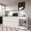 Modern Kitchen Interior Design With Light Countertop Cabinets Refrigerator Dishwasher And Brown Leaf Floor Tiles