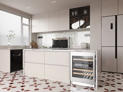 Modern Kitchen Interior Design With Light Countertop Cabinets Refrigerator Dishwasher And Brown Leaf Floor Tiles 3d model