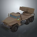 Brown Military Vehicle Equipped With Missile Launcher Large Off-Road Tires And Cargo Bed
