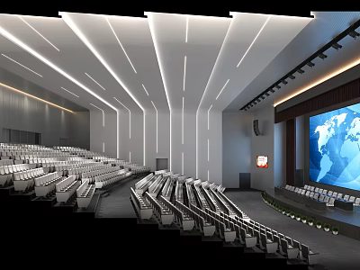 Modern Conference Hall Interior With Arranged Seats And Large World Map Screen 3d model