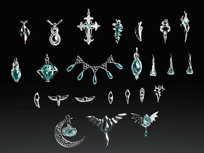 Stylish Teal Gemstone Jewelry Collection With Pendants Necklaces Earrings And Wing Designs 3d model