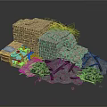 Rustic Scene Construction With Stone Walls Wooden Crate Green Plants Tires And Debris