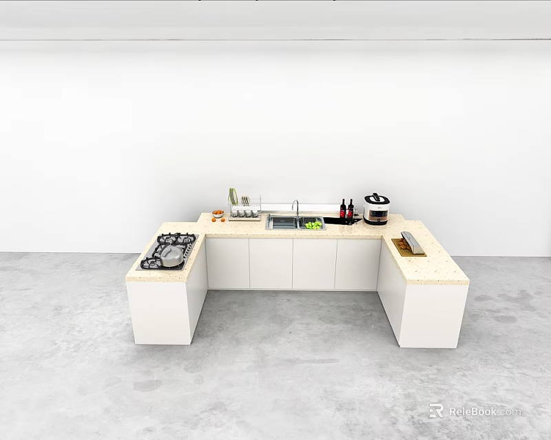 Modern Kitchen Interior With White Cabinets Island Countertop And Appliances 3d model 