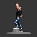 Muscular Game Movie Character In Black T-Shirt Blue Jeans Gray Sneakers Raising Fist