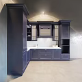 Modern Kitchen With Dark Blue Corner Cabinets Open Shelves And White Countertop