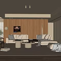 Modern Living Room with Wooden Walls Large Windows Beige Sofa Coffee Tables and Green Plant