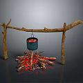 Natural Wooden Log Structure with Hanging Cooking Pot Over Burning Fire Pit