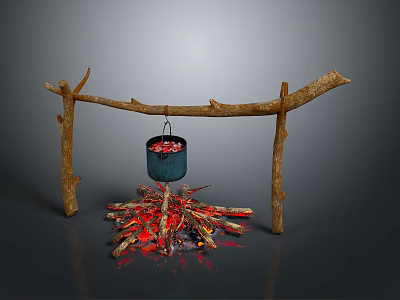 Natural Wooden Log Structure with Hanging Cooking Pot Over Burning Fire Pit 3d model