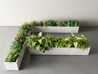 Green Plants And Orange Flowers In White Rectangular Planters Arranged On Gray Floor 3d model
