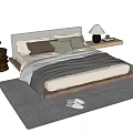 Modern Double Bed with Wooden Frame Upholstered Headboard Pillows and Nightstand Lamp on Soft Rug