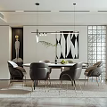 Modern Restaurant Interior With Round Dining Table Black Chairs Pendant Lights And Abstract Artwork