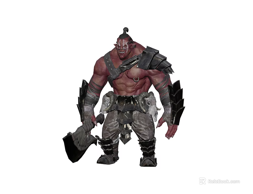 Fantasy Orc Warrior Character With Red Skin Horned Head And Large Battle Axe 3d model 