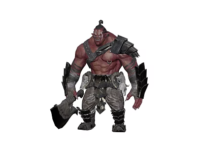 Fantasy Orc Warrior Character With Red Skin Horned Head And Large Battle Axe 3d model