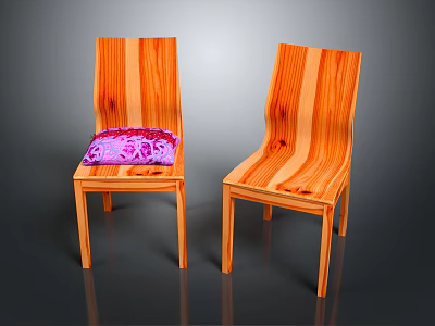 Modern Wooden Dining Chairs With Striped Design And Purple Patterned Cushion 3d model
