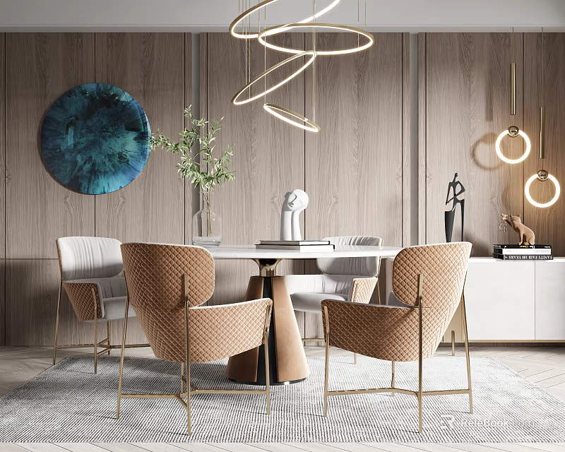 Elegant Modern Dining Table Set With Chairs Pendant Lights And Decorative Artwork 3d model