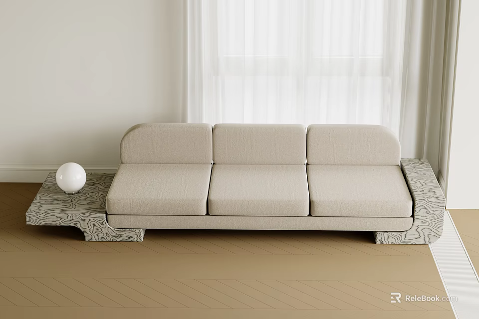 Modern Beige Three-Seater Sofa with Stone Base Design Near White Window Curtains 3d model 