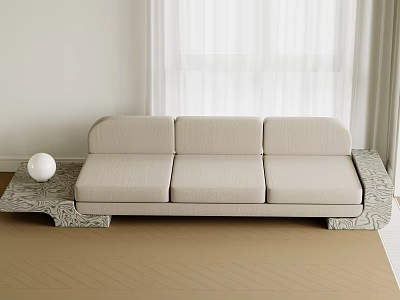 Modern Beige Three-Seater Sofa with Stone Base Design Near White Window Curtains 3d model