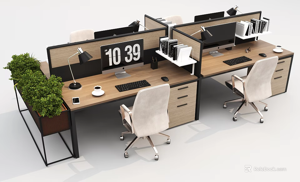 Modern Office Desk With Computer Monitor Lamp Files Coffee Cup White Chair Green Plant 3d model 